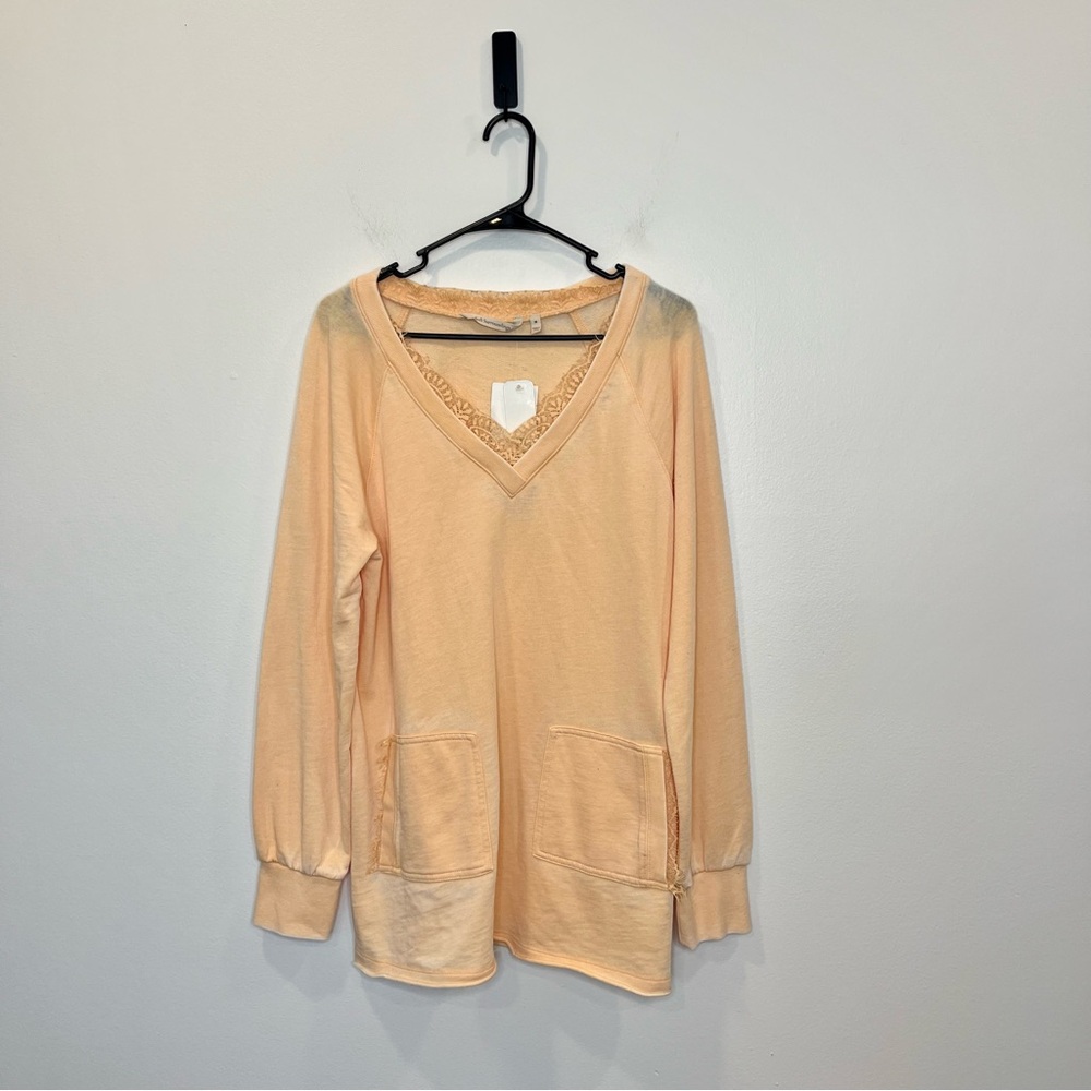 Soft Surroundings Peach V-Neck Long Sleeve Tunic with Lace Trim